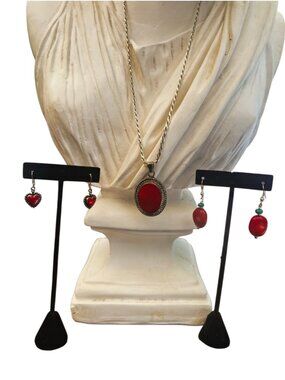 Vintage Silver & Red Coral Heart Earrings Beaded Earrings & Oval Pendant